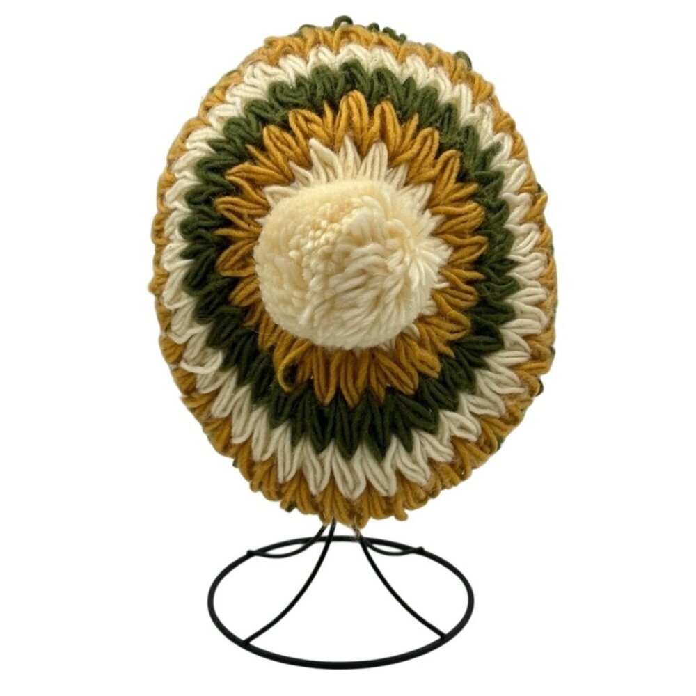 Vintage Hand-Knit Wool Beret With Pom-Pom Accent In Green Cream & Mustard For Ad